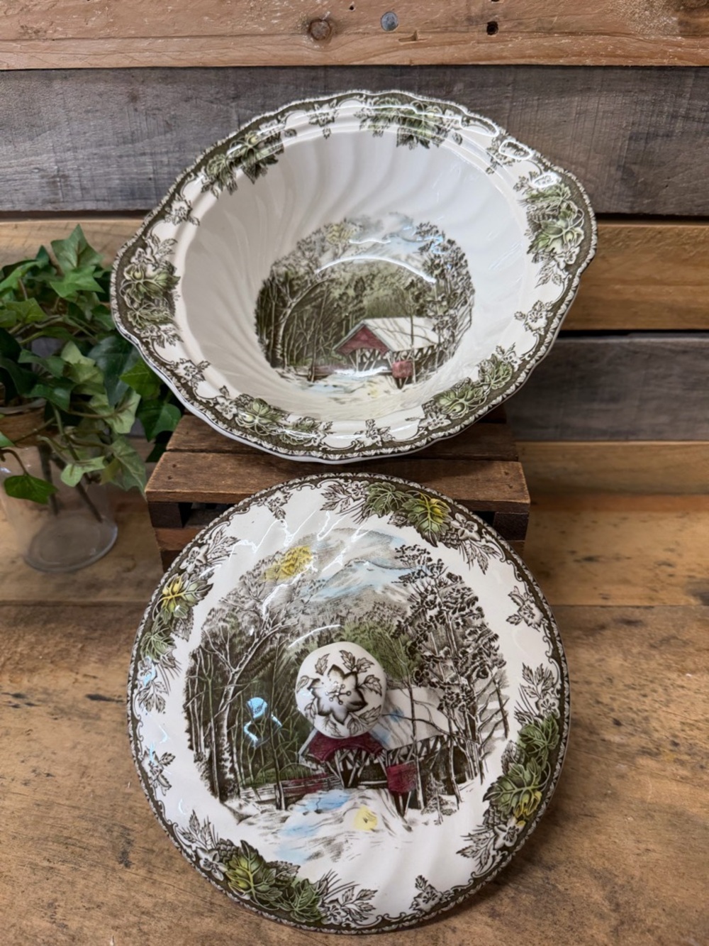 Vintage Friendly Village Serving Bowl with Lid by Johnson Brothers